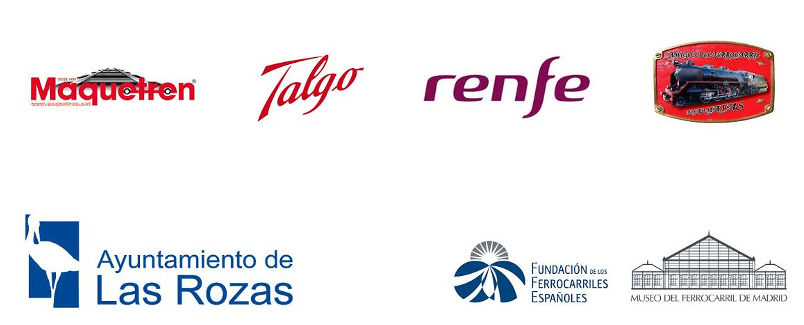 Logo Ayuntamiento de Las Rozas, Afemat, Maquetren, Talgo, Renfe Museo del Ferrocarril de Madrid y Fundación Ferrocarriles Españoles